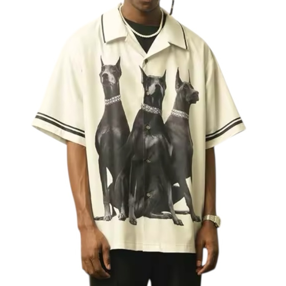 EMPTY REFERENCE Doberman Graphic Cuban Collar Short Sleeve Shirt in Gray Size XL
